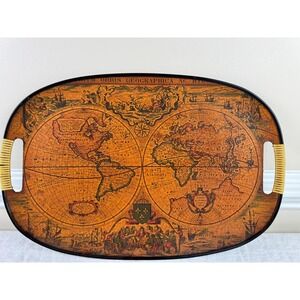 Vintage World Map Oval Serving Tray Orbis Geographica Wicker Handles 18.5 Inch